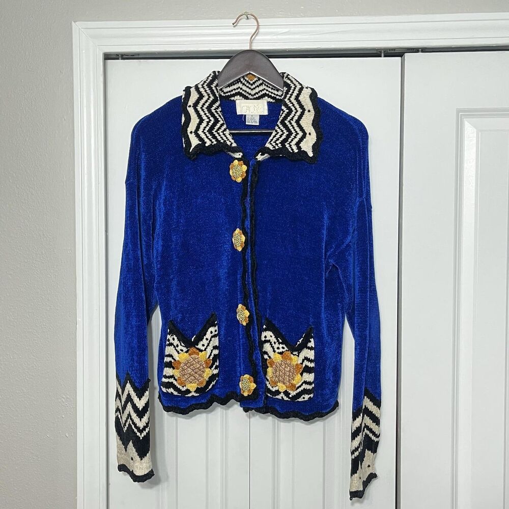Cache Vintage Cardigan Sweater Womens Medium Blue Velour Beaded Floral Chevron